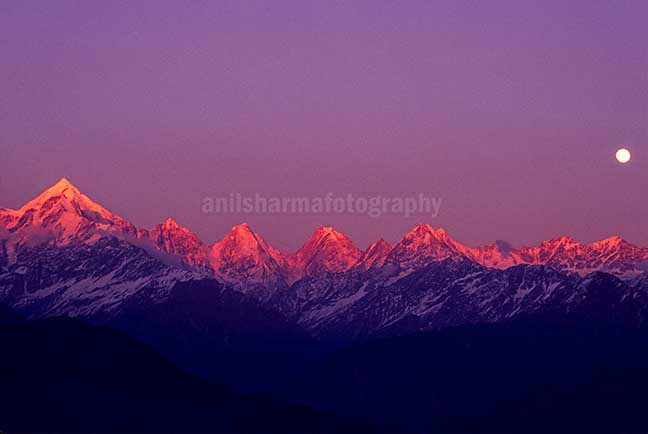 Nature-  Panchchuli Peaks - Pink color Panchchuli Peaks and full moon in the sky view from Munsyari at Uttarakhand, India. by Anil Sharma Photography
