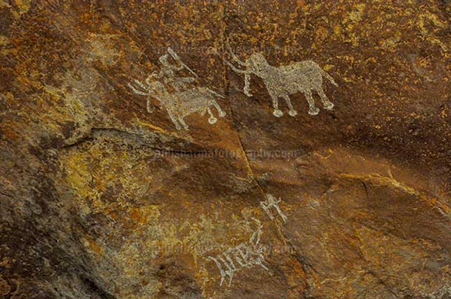 Archaeology- Bhimbetka Rock Shelters - Prehistoric rock painting of men with two Elephants at Bhimbetka archaeological site. by Anil Sharma Photography