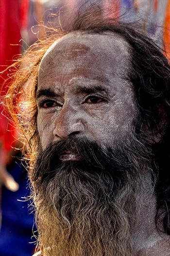 Close-up of a Naga Sadhu having Holy ash on his face in Varanasi.