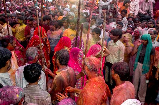 Large number of people gathered to celebrate Lathmaar Holi at Barsana, Mathura, Uttar Pradesh, India.