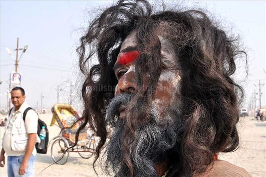 Culture- Aghori Sadhu's (India) - Close-up of a Aghori Sadhu with long hairs, wearing rudraksha bead at Mahakumbh, Allahabad, Uttar Pradesh, India.