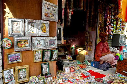 A religious paintings and material shop at Barsana, Mathura, Uttar Pradesh, India.
