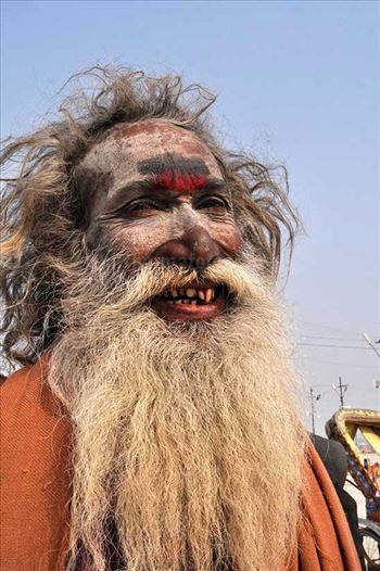 Culture- Aghori Sadhu's (India) - Smile of an old Aghori Sadhu with long hairs, ash on face at Mahakumbh Prayag, Allahabad, Uttar Pradesh (India).