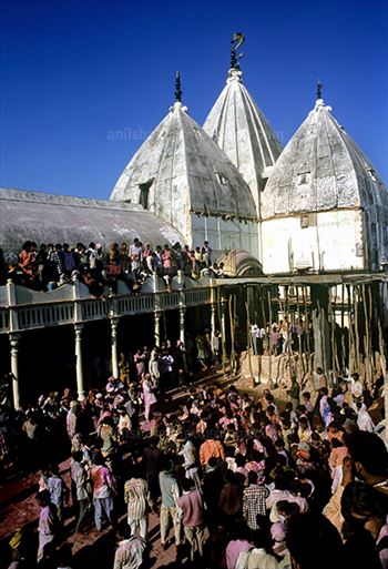 Festivals- Lathmaar Holi of Barsana (India) - Large number of People gathered at Shri Radha Rani Temple temple at Barsana during "Lathmaar holi" Mathura, Uttar Pradesh, India.