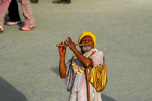 Festivals- Lathmaar Holi of Barsana (India) - An old men playing flute at Barsana, Mathura, India.
