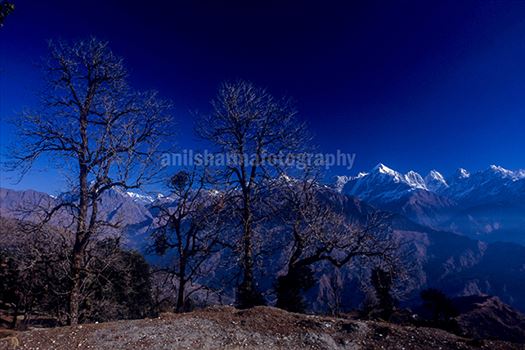 Panoramic view of Panchchuli Peaks from Munsyari at Uttarakhand, India.